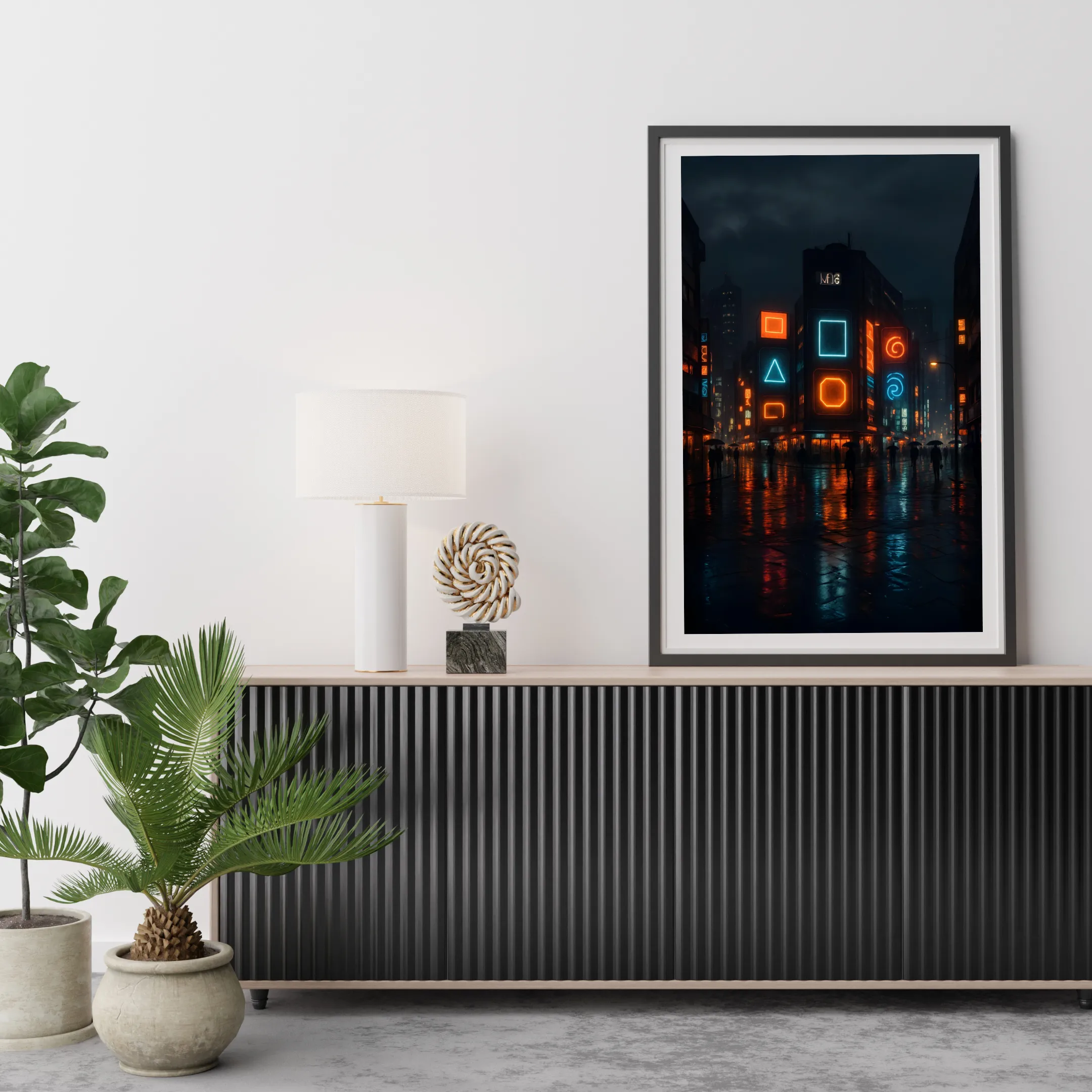 Neon Geometry in Rainfall — digital art print by Lurevi